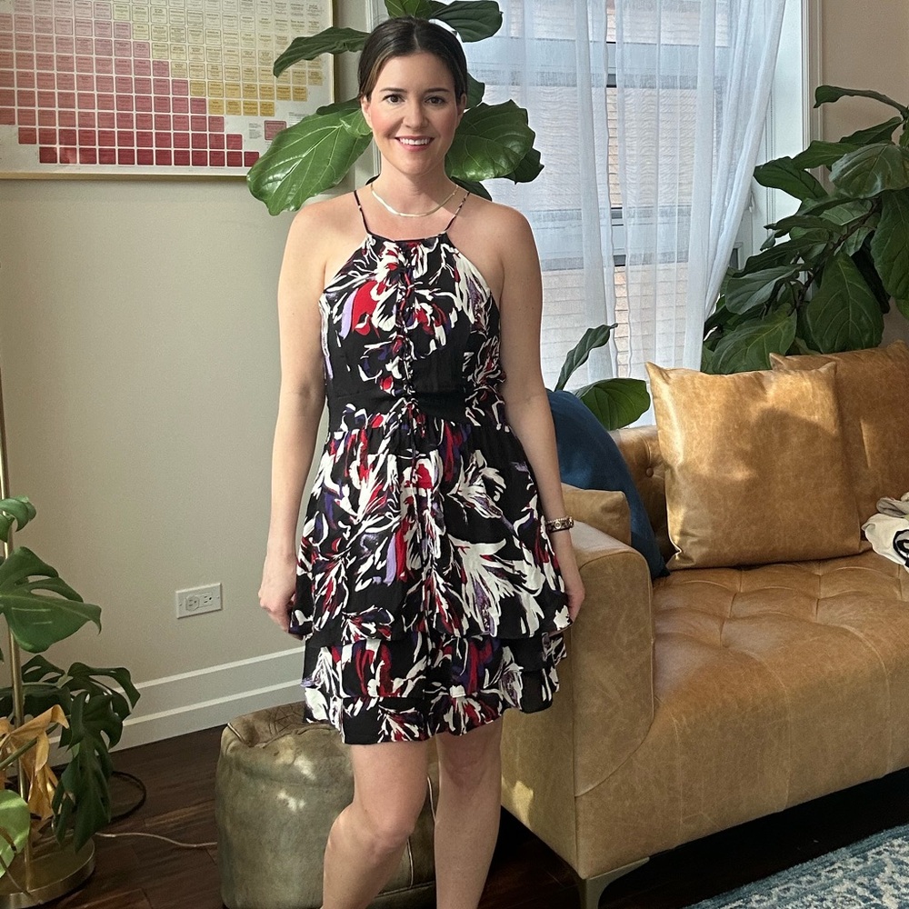 Parker Black Floral Halter Mini Dress with Flirty Hem Size M - Picture 3 of 3